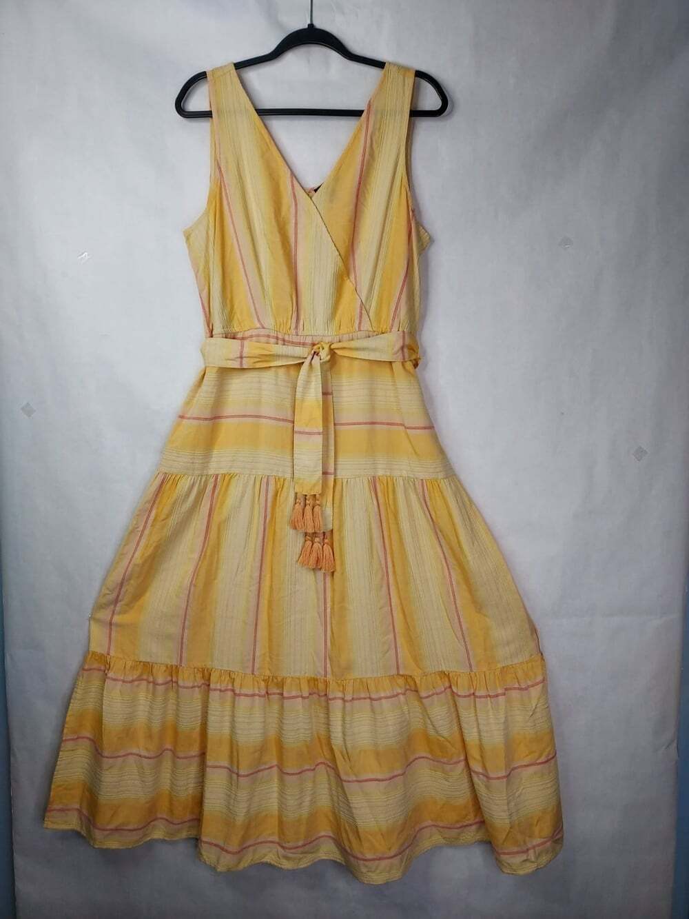 Tribal Femme Tiered Maxi Dress M Yellow Tassle Belt Faux Wrap Top Peasant Hippie